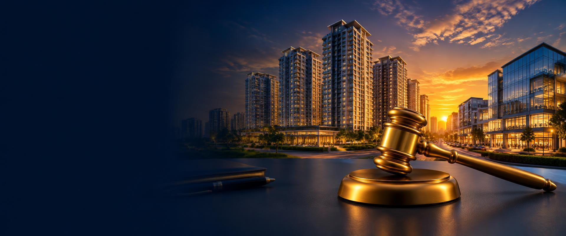 Bank auction properties with gavel and city skyline